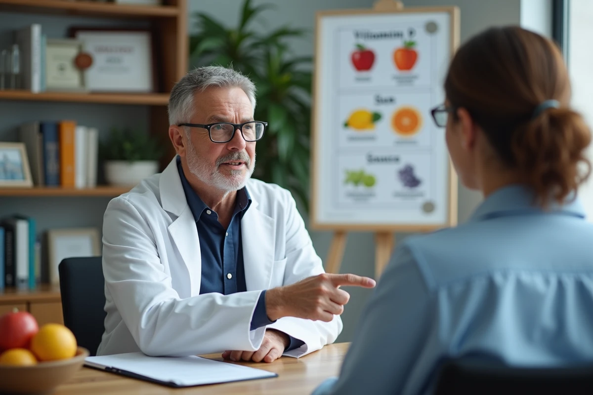 Médecin généraliste expliquant les sources de vitamine D à son patient avec affiche éducative et fruits sur le bureau