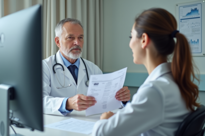 Medecin en consultation expliquant résultats tests a une jeune femme