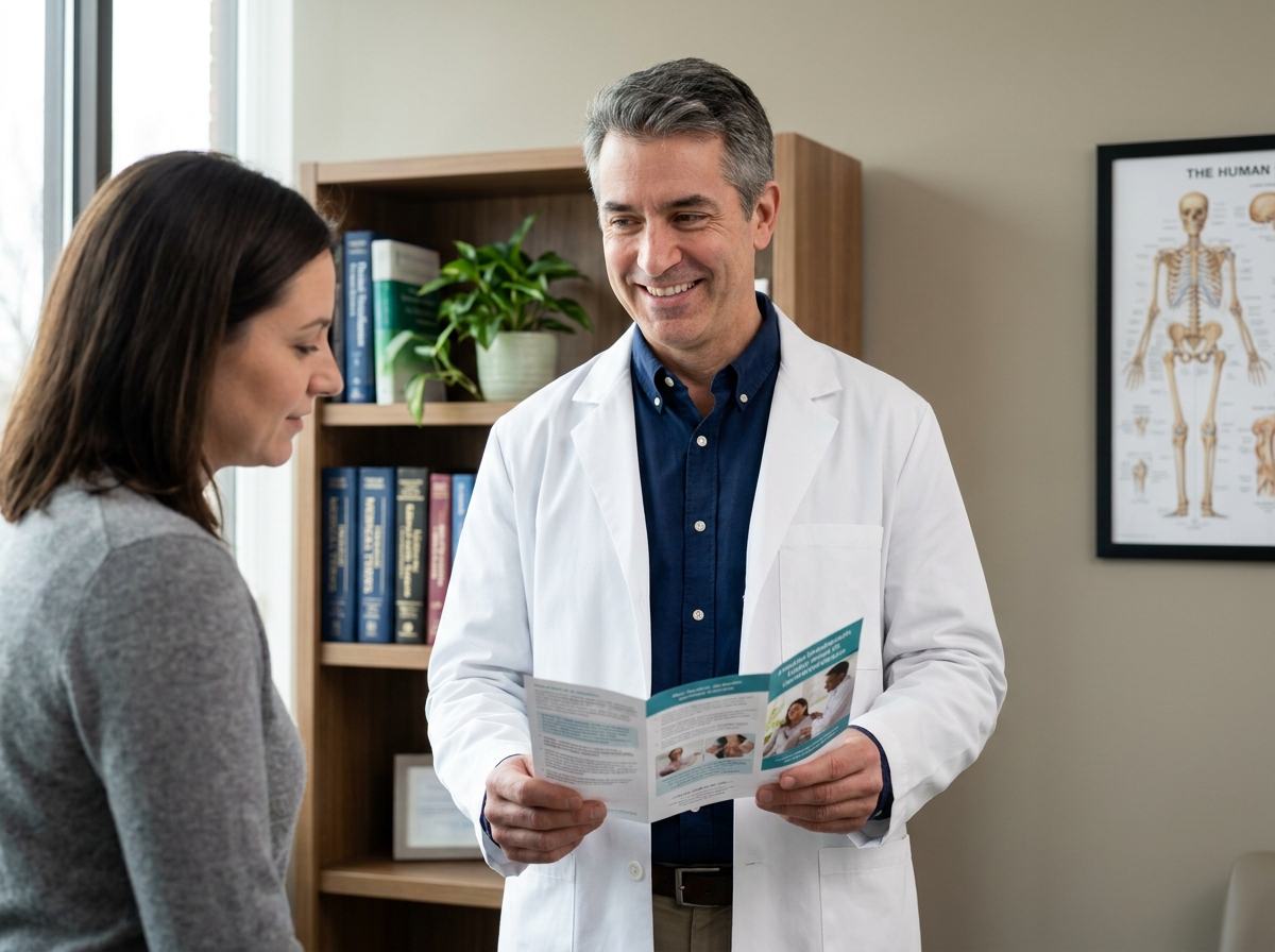 Médecin montrant une brochure d'information santé fiable à un patient lors d'une consultation médicale