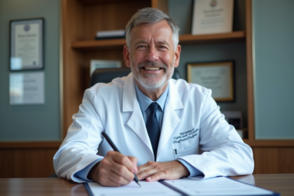 Médecin en blouse blanche signant un contrat dans un bureau médical