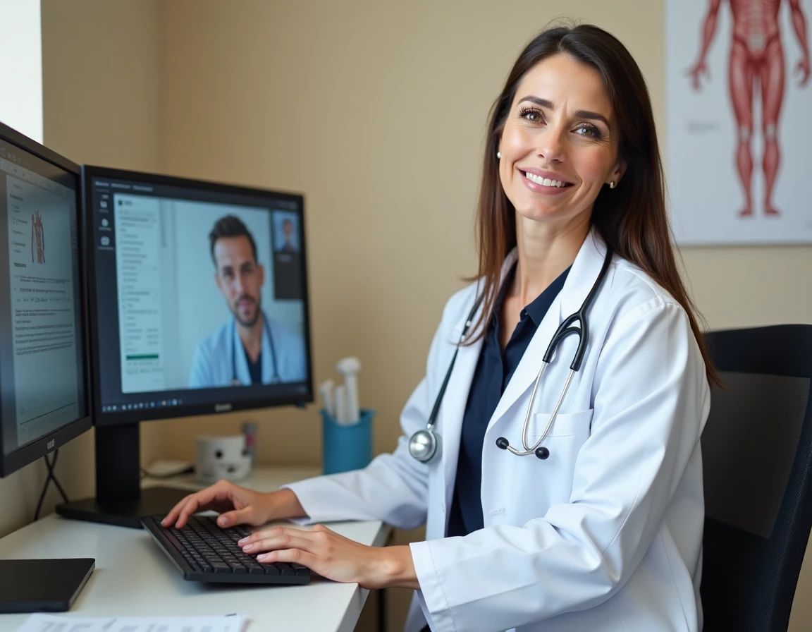 Médecin généraliste réalisant une téléconsultation en ligne depuis son cabinet médical avec un dossier patient numérique
