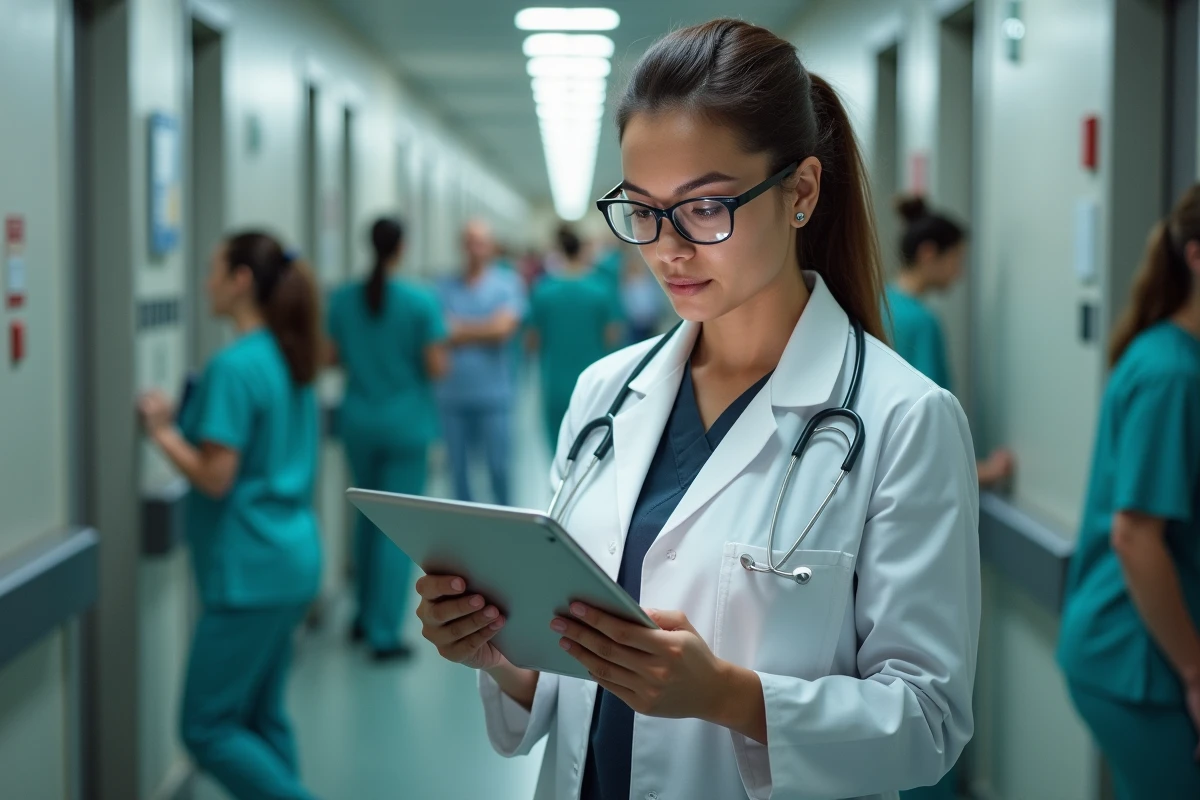 Médecin urgentiste consultant les résultats d'une analyse sanguine LDH sur tablette dans un couloir d'hôpital