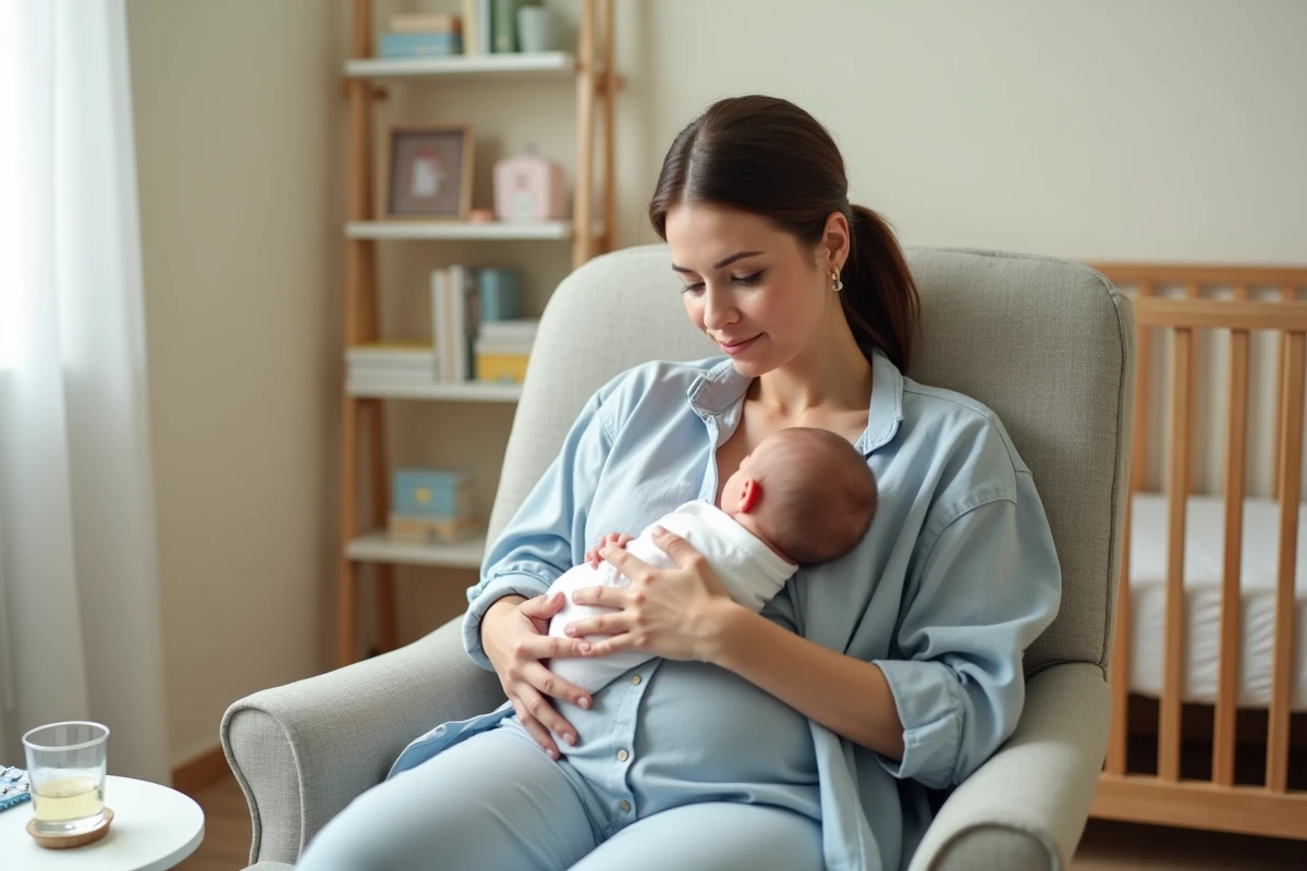 Mère allaitante tenant son nouveau-né avec une boîte de médicament posée à côté, dans une chambre de bébé