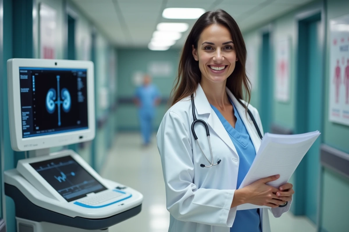 Nephrologiste souriante dans un couloir d