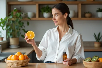 Nutritionniste comparant un fruit orange et un complément de vitamine D dans une cuisine moderne