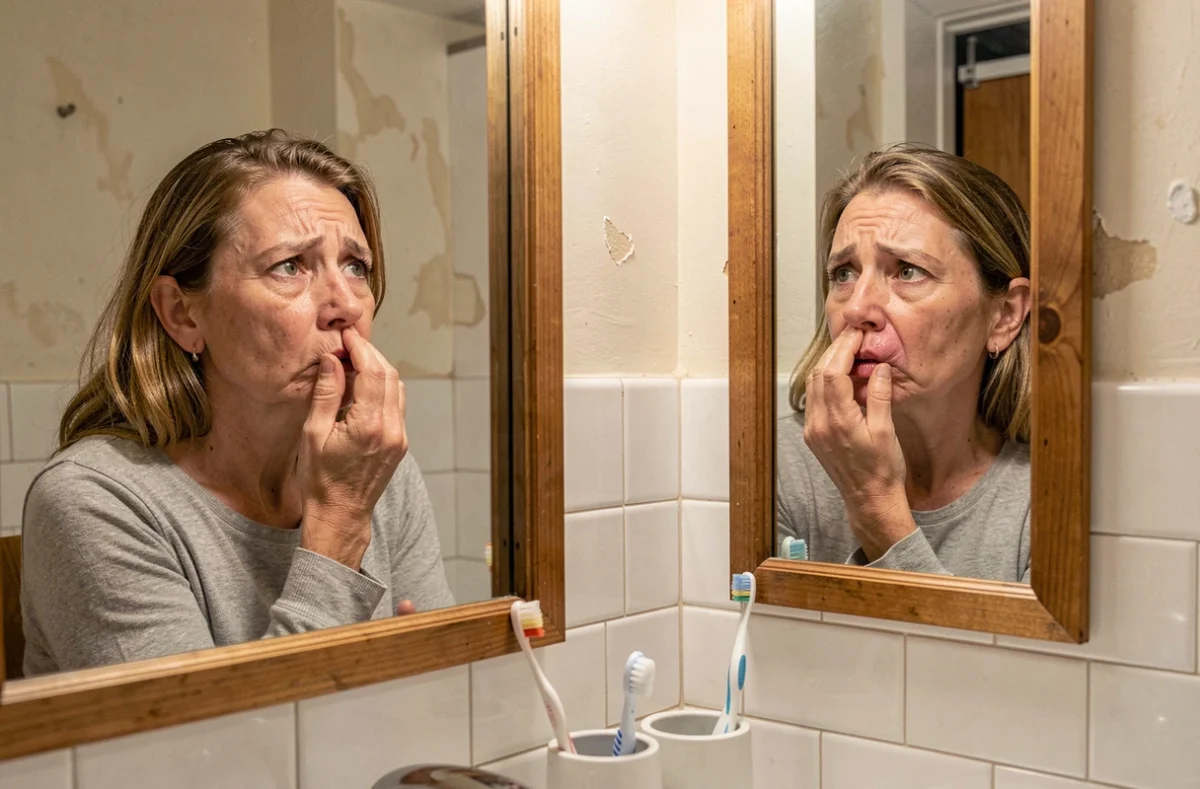 Femme d'âge moyen observant le gonflement de sa lèvre dans un miroir de salle de bain, réaction à un œdème de Quincke sans cause évidente