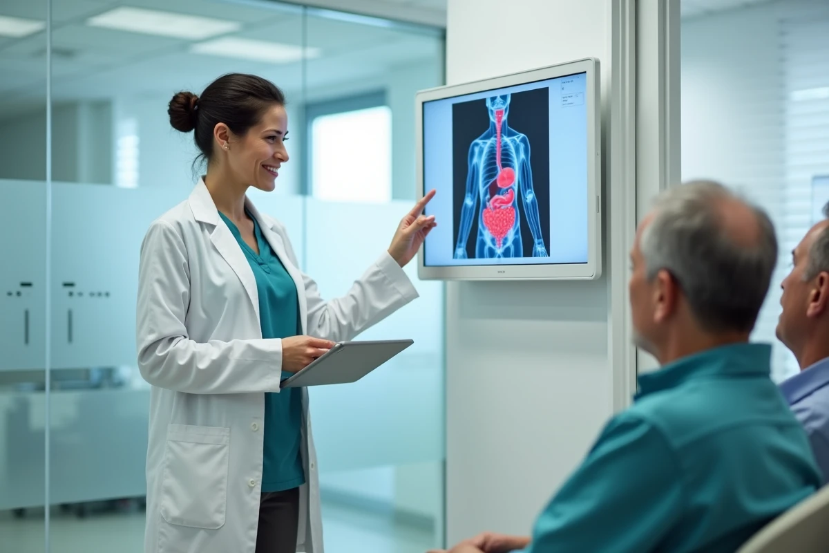 Oncologue expliquant les risques de récidive de cancer à un couple de patients en consultation