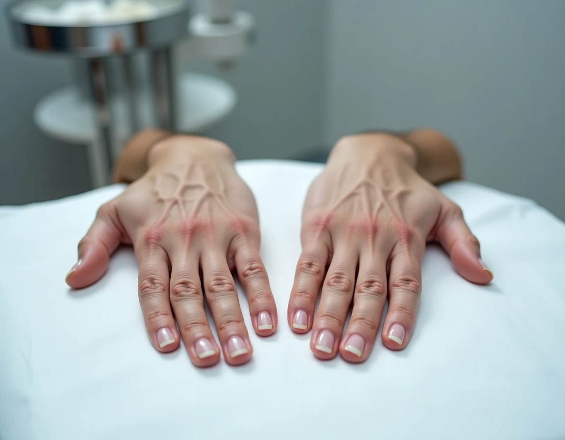 Mains masculines posées sur une table médicale montrant des stries et décolorations blanches sur les ongles lors d'un examen dermatologique