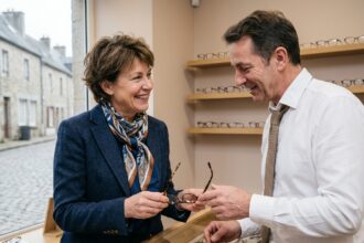 Femme d'âge moyen parlant avec un opticien homme dans une boutique