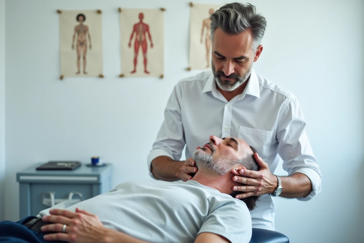 Ostéopathe effectuant une manipulation des cervicales sur un patient allongé, traitement des tensions cervicales en cabinet d'ostéopathie