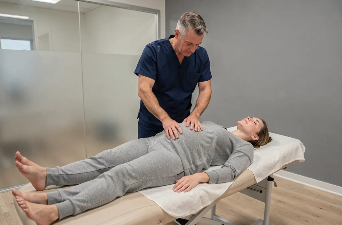 Ostéopathe réalisant une technique douce sur le sacrum d'une patiente enceinte allongée sur le côté en cabinet