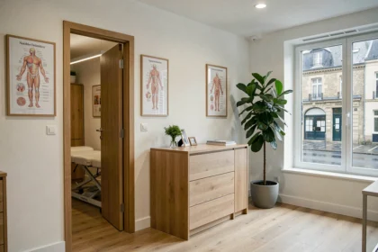 Cabinet d'ostéopathie moderne en Seine-Maritime avec table de traitement et décoration épurée