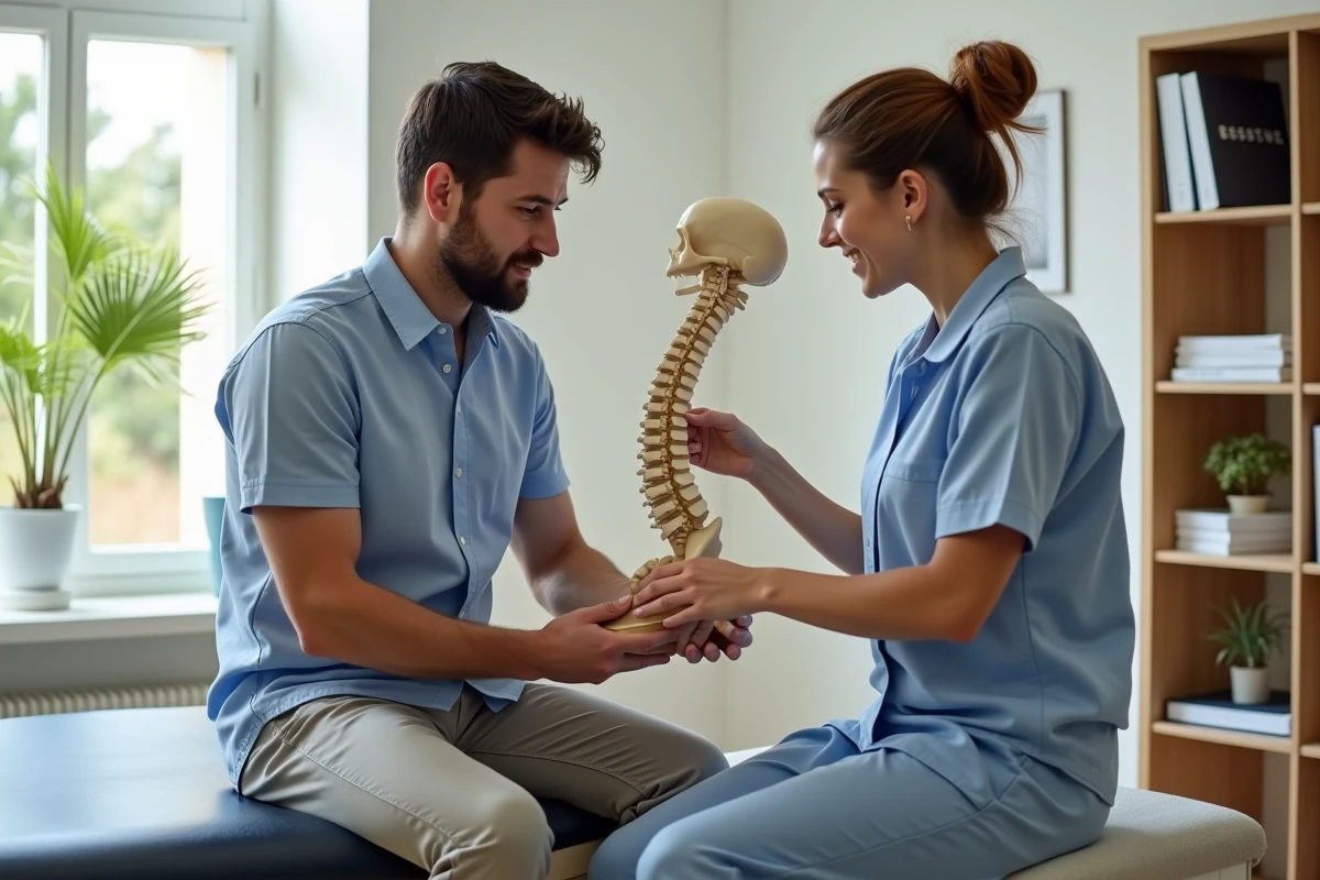 Jeune patient et osteopathe expliquant la colonne vertébrale