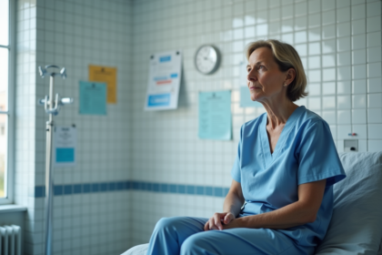 Femme patient assise sur une table d'examen hospitalière