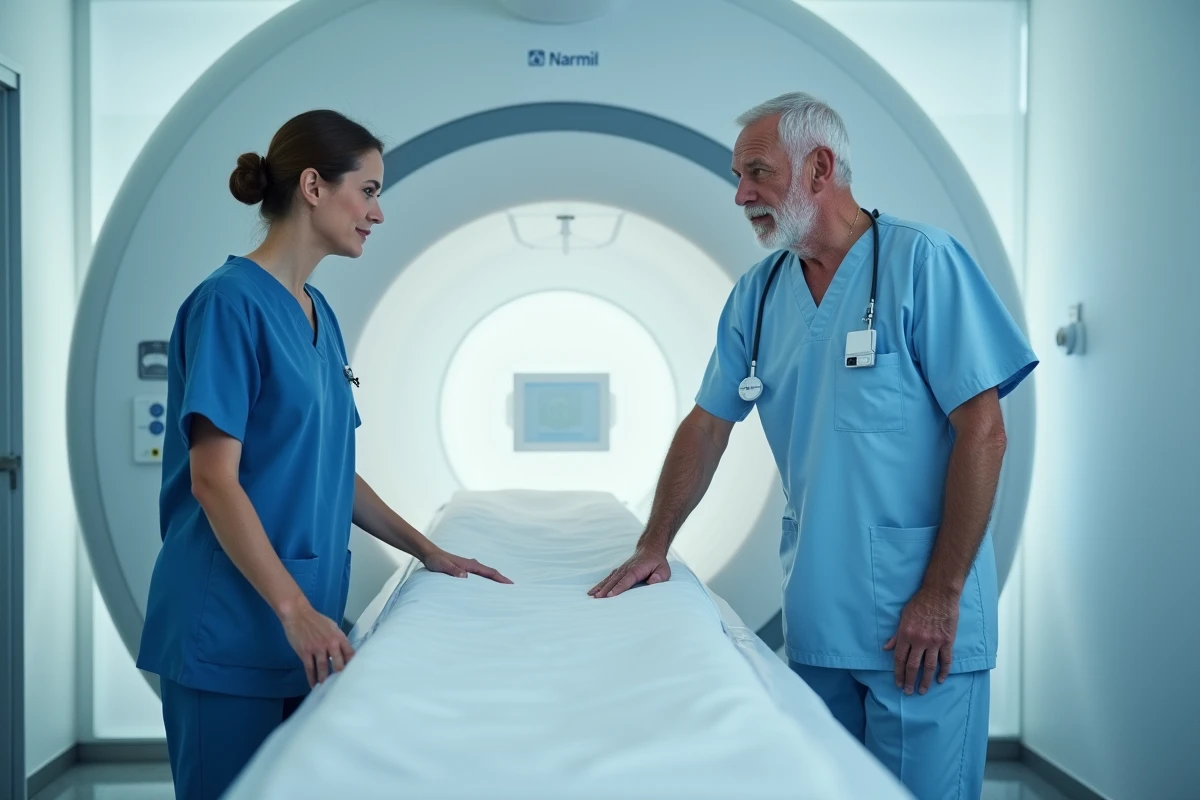Patient orienté par une technicienne vers un scanner IRM pour explorer des vertiges et une sensation de tête lourde