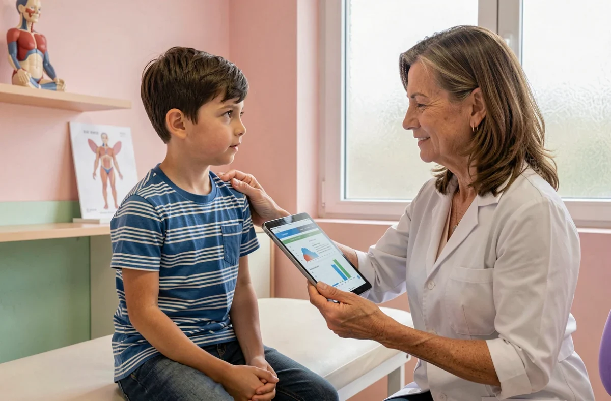 Pédiatre expliquant l'effet de la cortisone à un jeune garçon et sa famille dans un cabinet médical pédiatrique