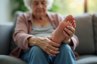 Personne agee examinant son pied dans la lumiere naturelle