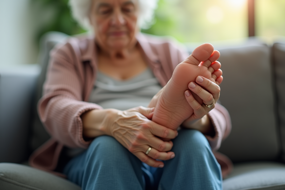 Personne agee examinant son pied dans la lumiere naturelle
