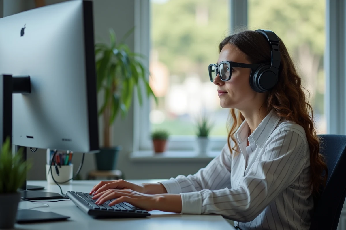 Jeune femme malvoyante utilisant un clavier braille pour accéder aux services en ligne de la CPAM