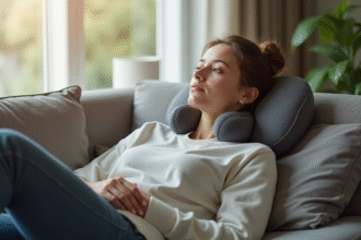 Personne relaxee utilisant un oreiller massage cervical
