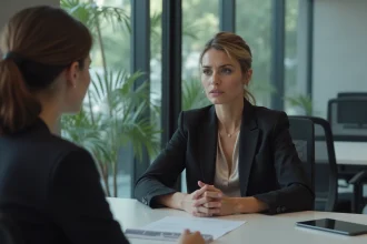 Femme à l'expression froide et dominatrice face à une collègue mal à l'aise, illustrant le comportement manipulateur d'une perverse narcissique en milieu professionnel
