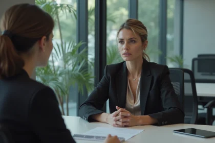 Femme à l'expression froide et dominatrice face à une collègue mal à l'aise, illustrant le comportement manipulateur d'une perverse narcissique en milieu professionnel