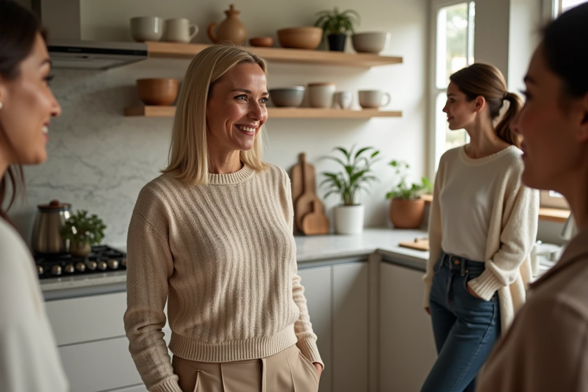 Groupe de femmes dans une cuisine moderne avec une femme manipulatrice au centre excluant subtilement une amie, représentant l'isolement social causé par une personnalité narcissique perverse