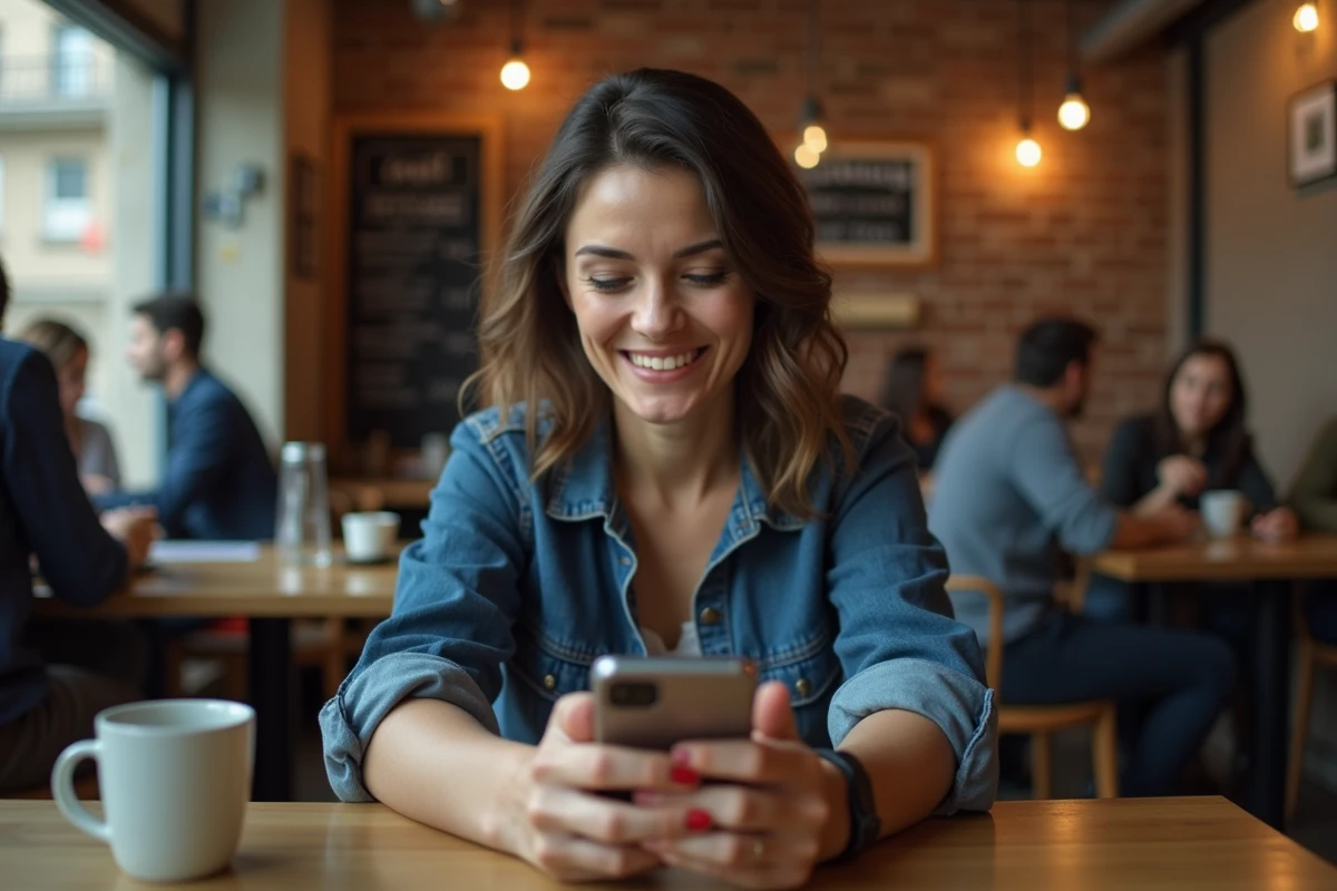Femme seule dans un café regardant son téléphone avec un sourire calculateur, illustrant les comportements de manipulation à distance caractéristiques d'une perverse narcissique
