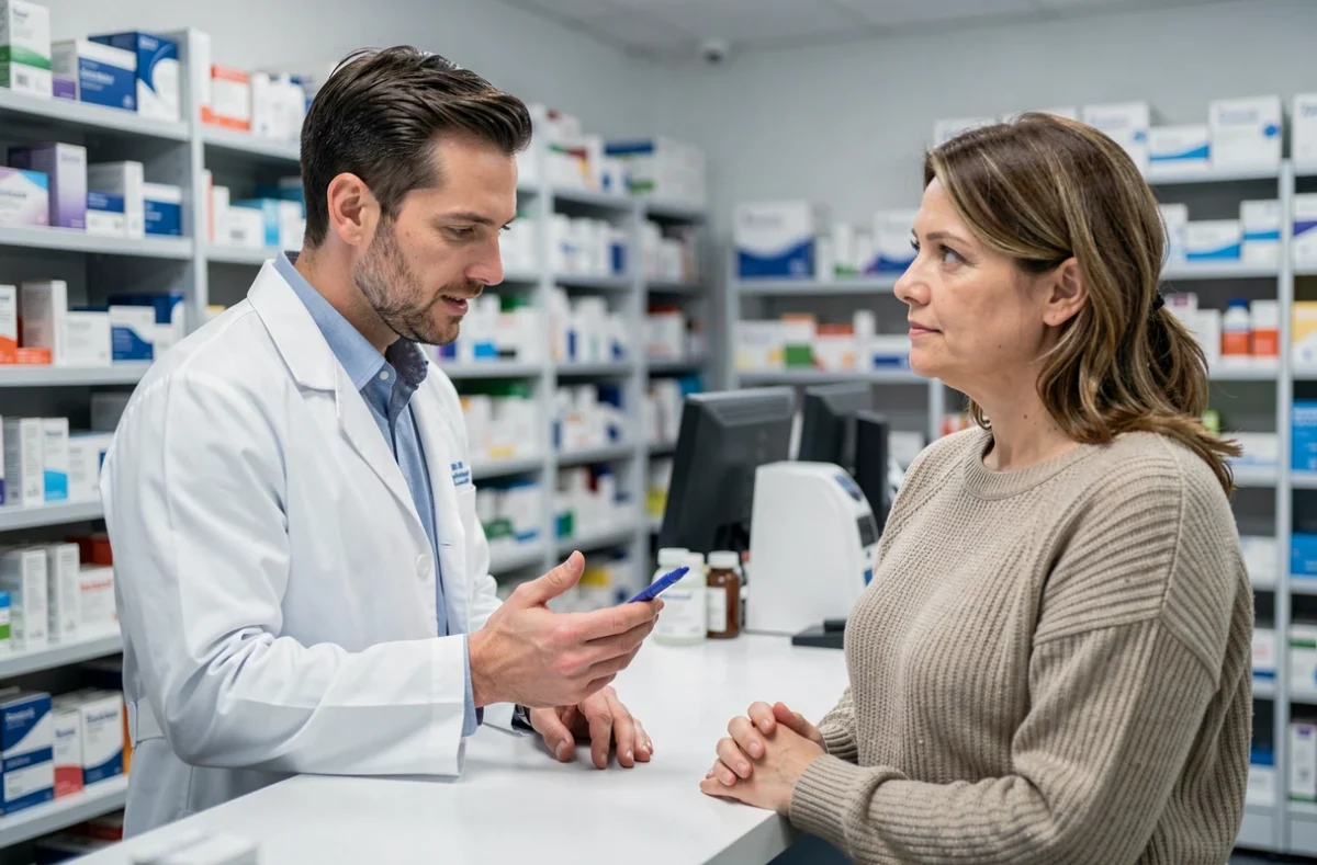 Pharmacien conseillant une patiente adulte sur un traitement contre l'omphalite chronique résistante