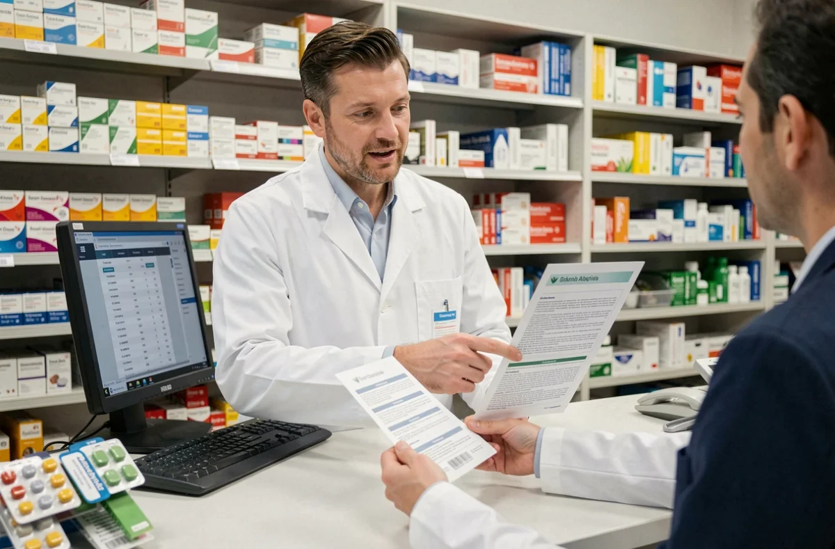 Pharmacien expliquant le délai d'efficacité de la cortisone à un patient adulte au comptoir d'une pharmacie