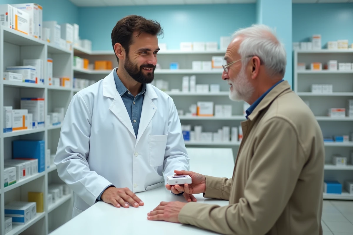 Pharmacien remettant un vaccin contre le zona à un patient âgé au comptoir d'une pharmacie française