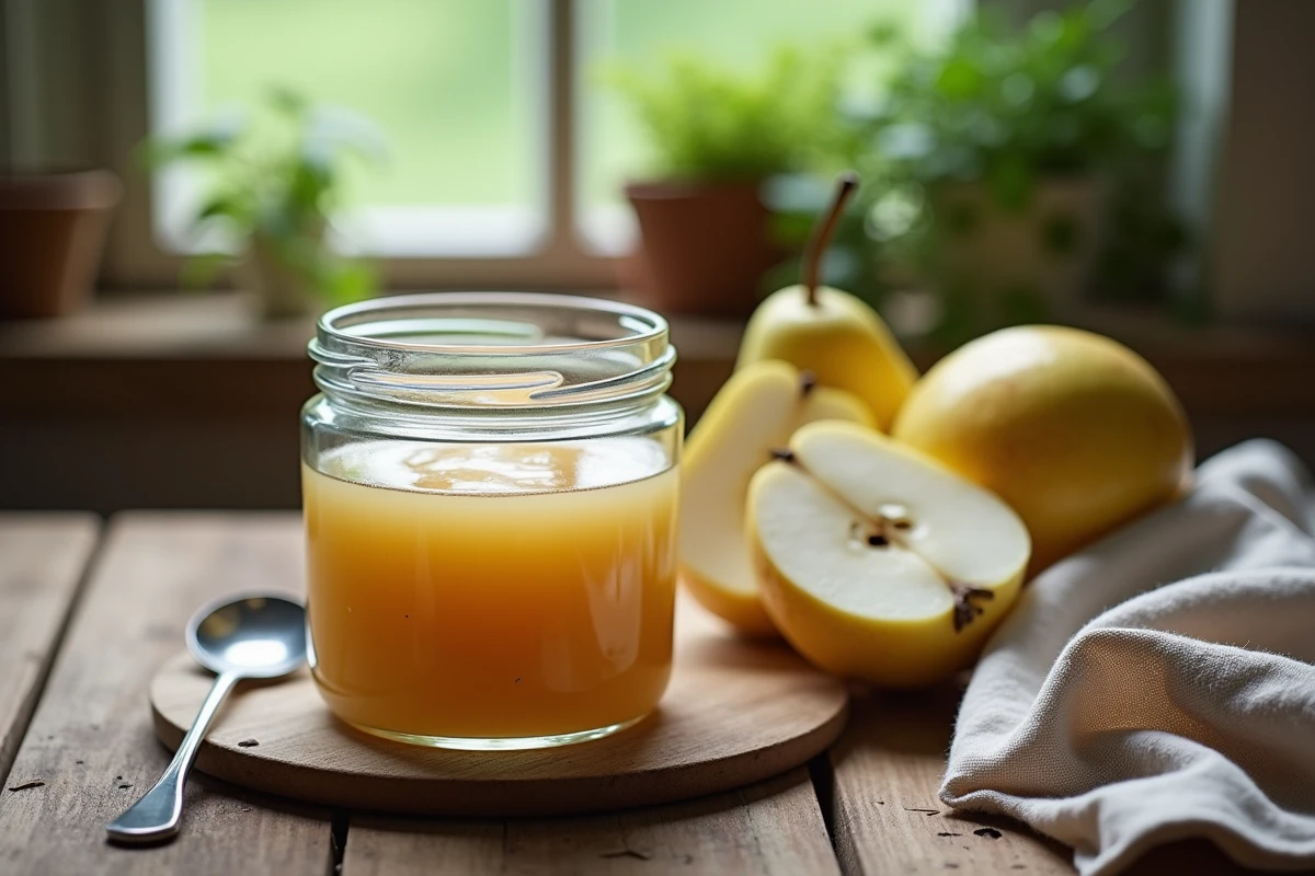 Pot de compote de fruits naturelle sur table en bois avec poire coupée, remède doux contre la constipation intestinale