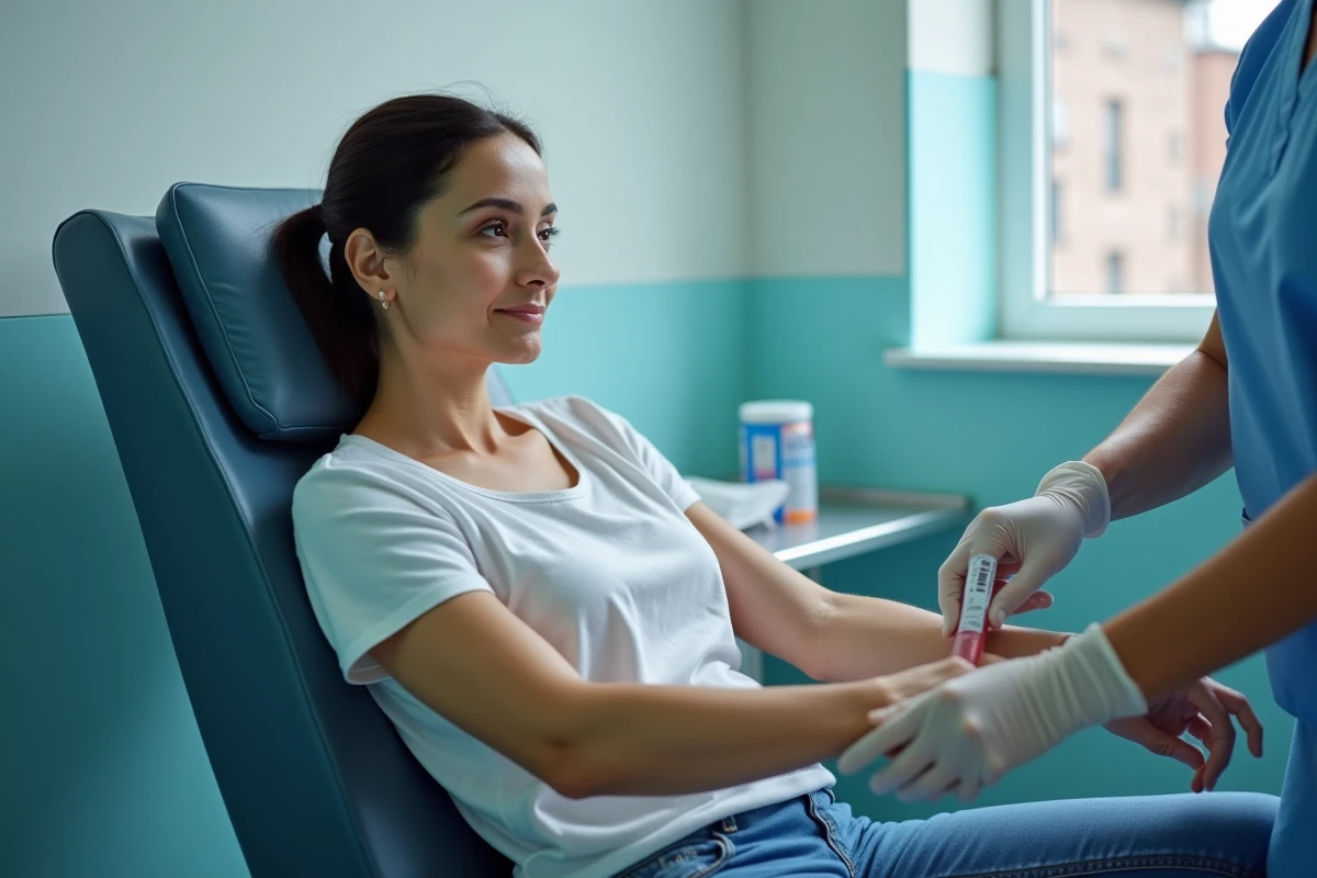 Patiente lors d'une prise de sang pour mesurer les transaminases hépatiques SGPT en laboratoire médical