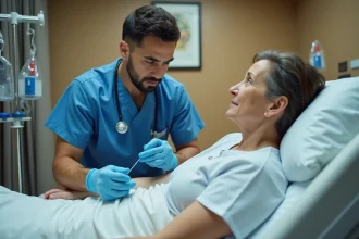 Infirmier réalisant une prise de sang en urgence sur une patiente hospitalisée dans un service hospitalier