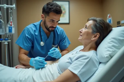 Infirmier réalisant une prise de sang en urgence sur une patiente hospitalisée dans un service hospitalier