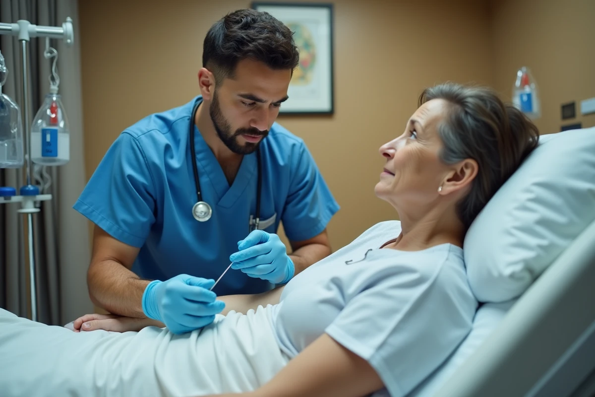 Infirmier réalisant une prise de sang en urgence sur une patiente hospitalisée dans un service hospitalier