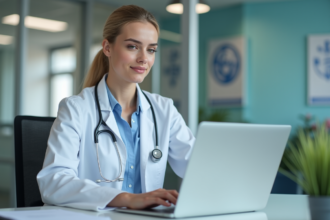 Jeune femme medecin travaillant sur un ordinateur dans un bureau hospitalier