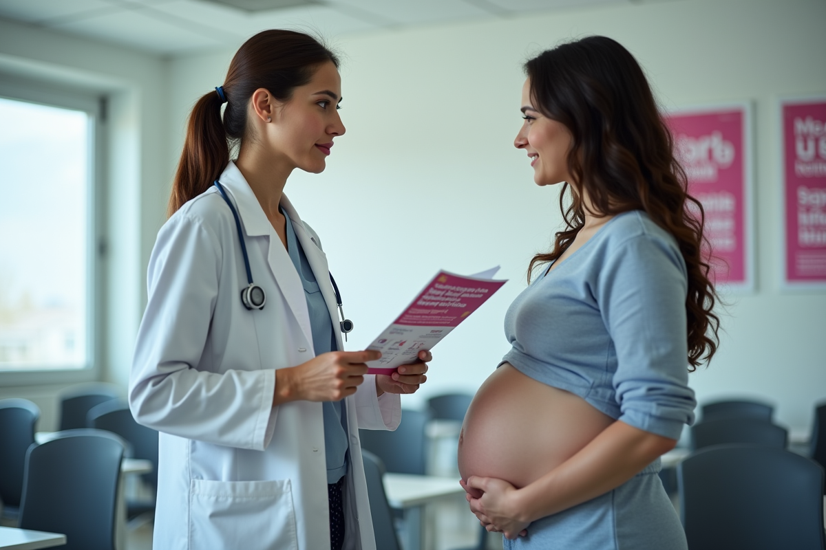 Professionnelle de santé parlant à une femme enceinte en clinique