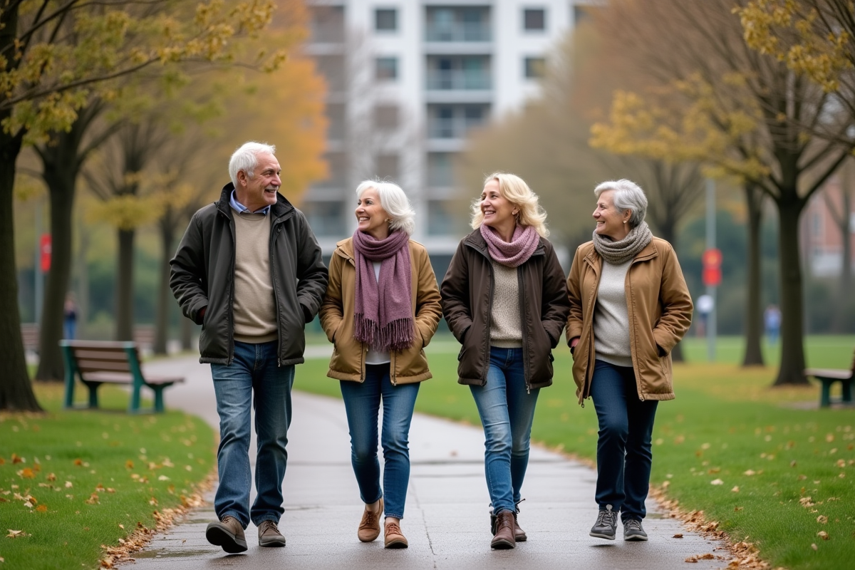 Quatre seniors souriants se promenant dans un parc urbain verdoyant