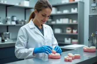 Prothésiste dentaire arrangeant des dents en résine Capdentaire sur un plan de travail en laboratoire dentaire