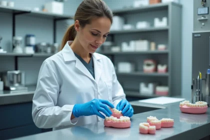 Prothésiste dentaire arrangeant des dents en résine Capdentaire sur un plan de travail en laboratoire dentaire