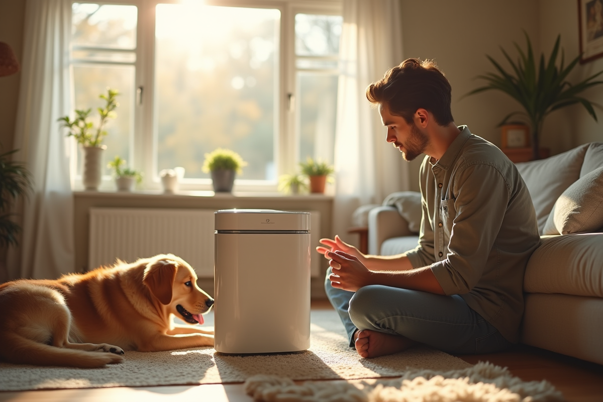 Jeune homme utilisant un purificateur d air dans un salon ensoleille