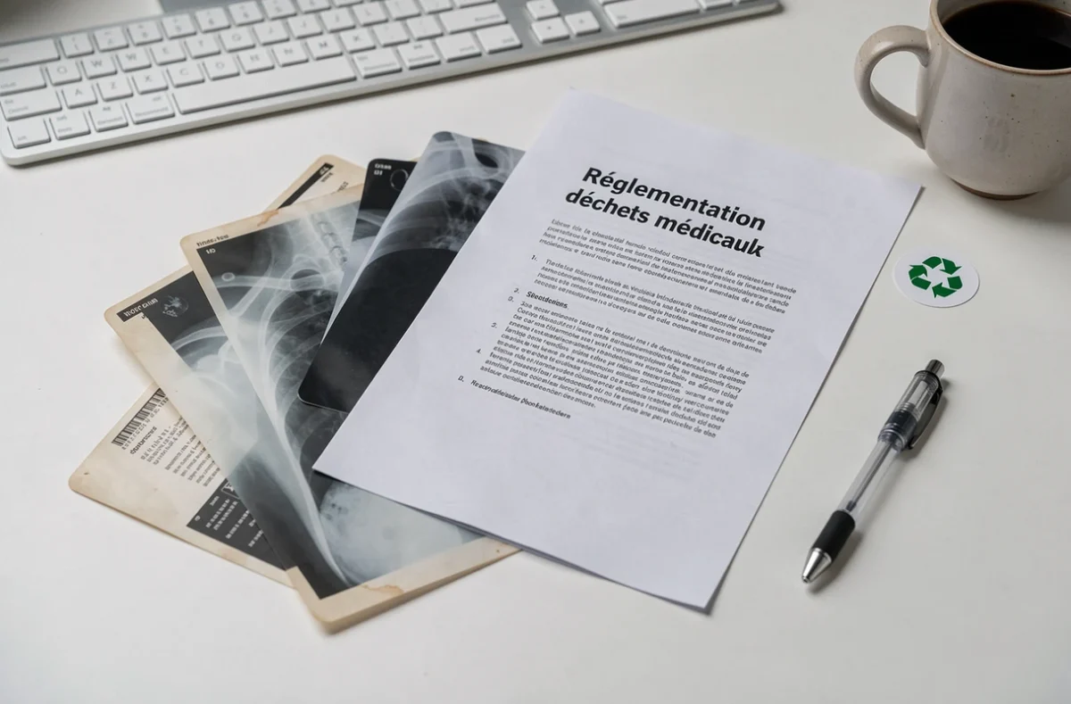 Vue du dessus d'anciennes radiographies posées sur un bureau avec un document sur la réglementation des déchets médicaux