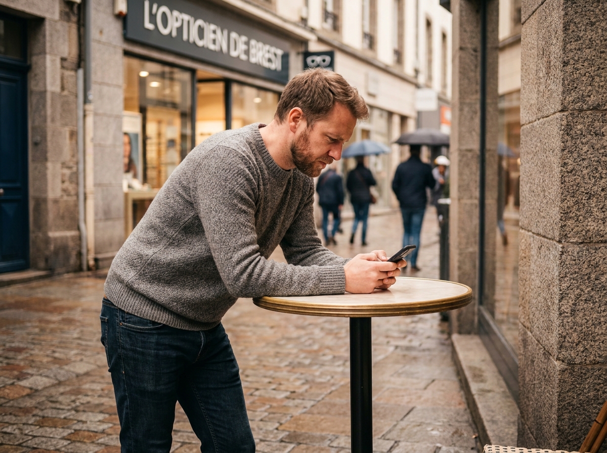 Homme vérifiant les avis d'un opticien sur smartphone avant de visiter un magasin de lunettes à Brest
