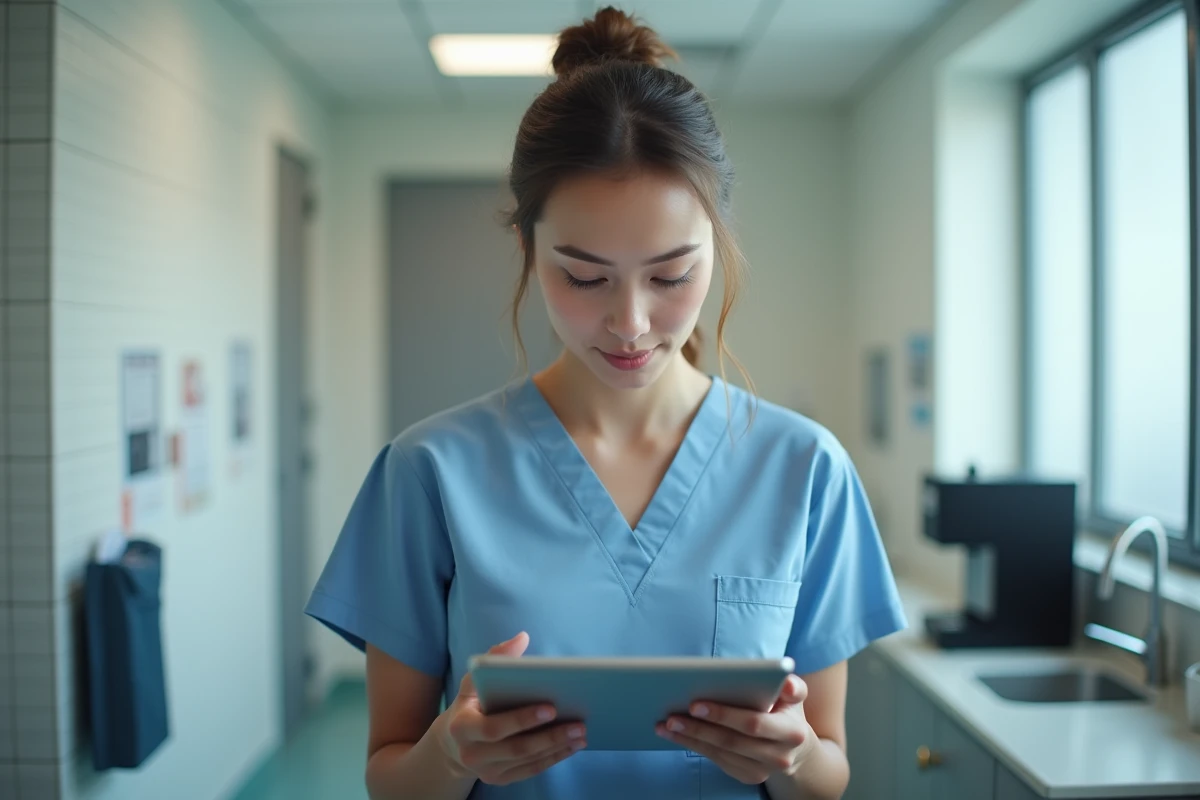 Infirmière consultant un guide de réinitialisation de mot de passe Medisys sur une tablette dans une salle de pause hospitalière