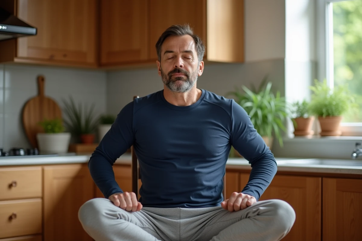 Homme pratiquant un exercice de respiration contrôlée assis sur une chaise dans sa cuisine pour soulager une douleur de côte déplacée