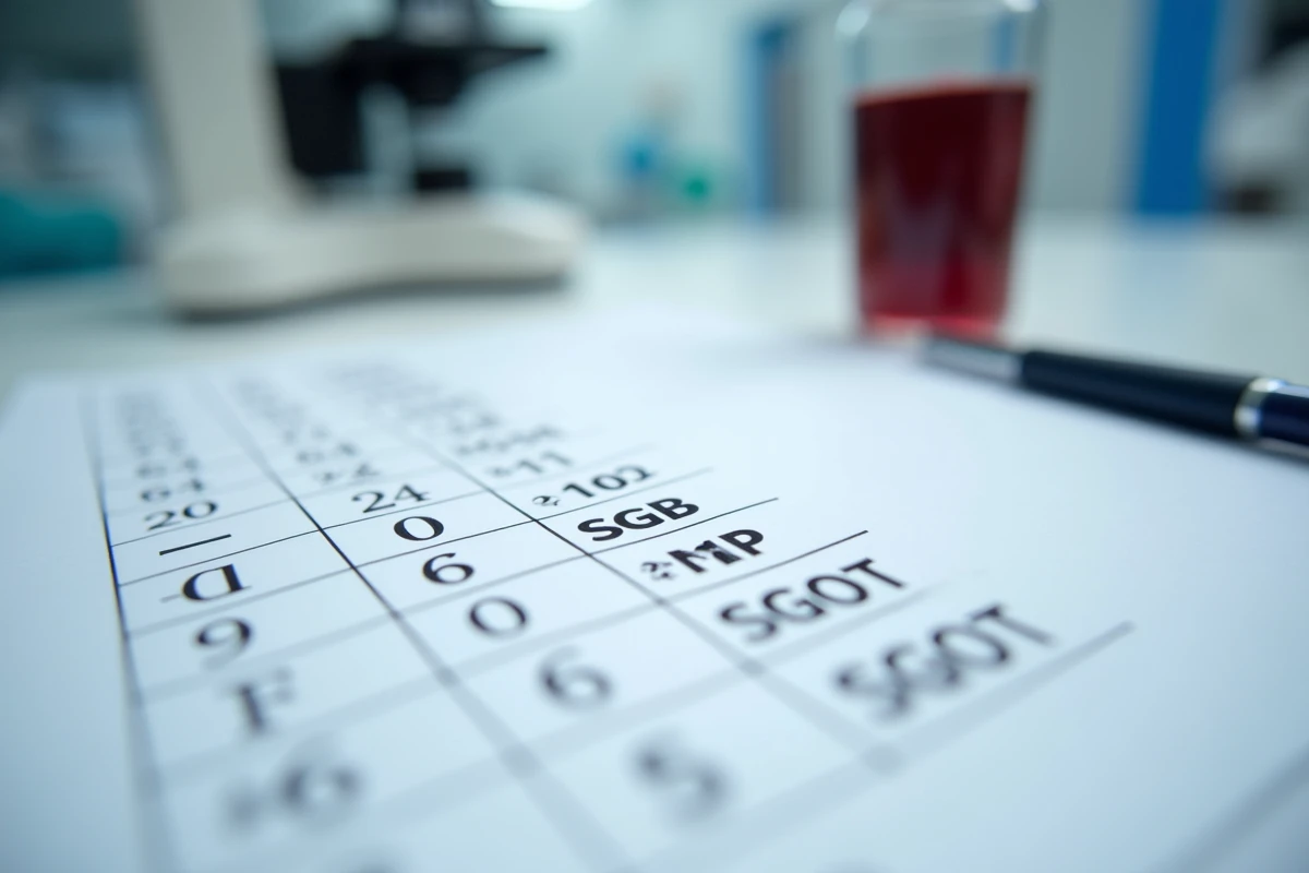 Résultats d'analyses sanguines imprimés montrant les valeurs des transaminases SGPT sur une paillasse de laboratoire médical