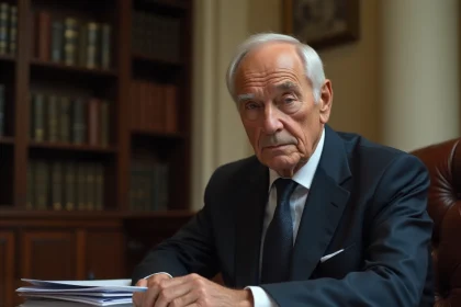 Portrait d'un homme politique âgé à l'air grave assis dans une salle de réunion institutionnelle, illustrant les rumeurs sur la santé d'Hubert Védrine