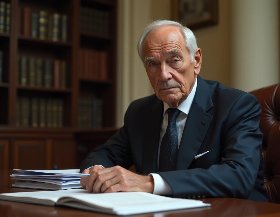 Portrait d'un homme politique âgé à l'air grave assis dans une salle de réunion institutionnelle, illustrant les rumeurs sur la santé d'Hubert Védrine