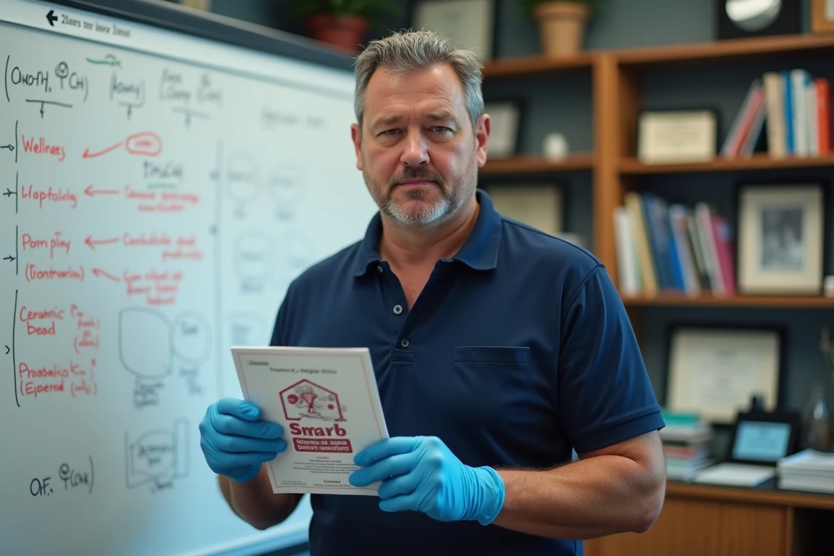 Scientifique sceptique analysant les promesses marketing des perles de céramique